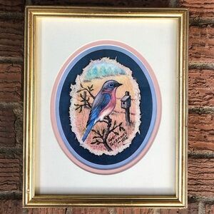 Vintage Framed Gwen Gazaway Bluebird Painting on Handmade Paper 9”x11”